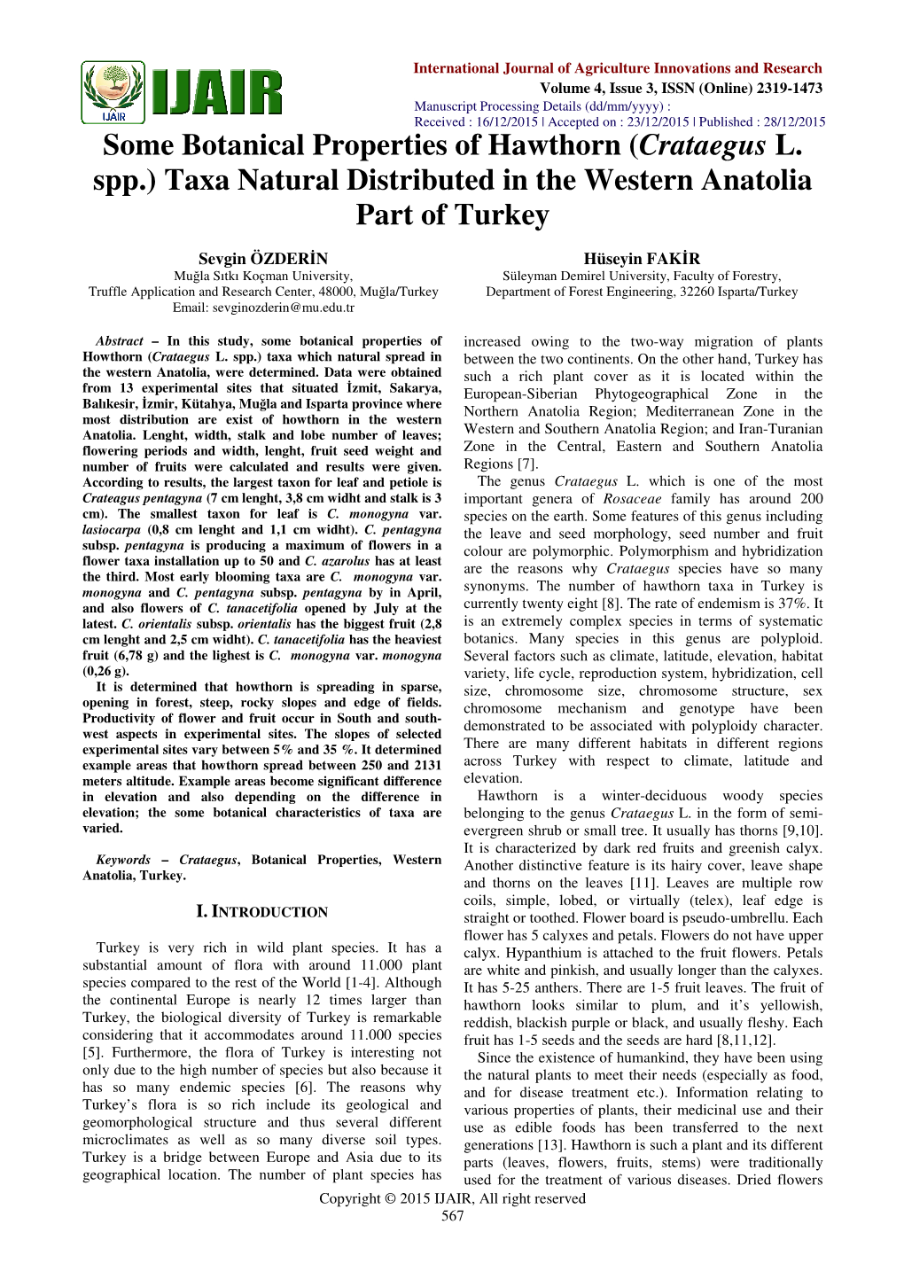 Crataegus L. Spp.) Taxa Natural Distributed in the Western Anatolia Part of Turkey