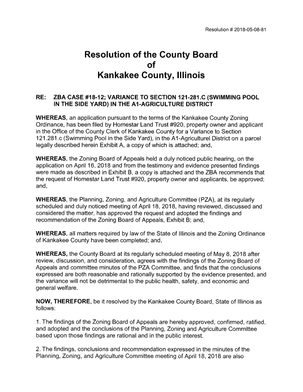 Resolution of the County Board of Kankakee County, Illinois