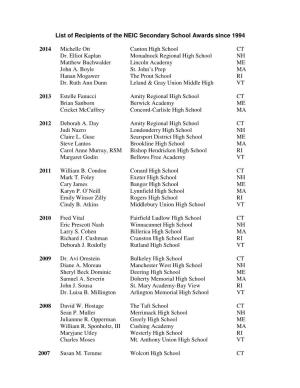 List of Recipients of the NEIC Secondary School Awards Since 1994