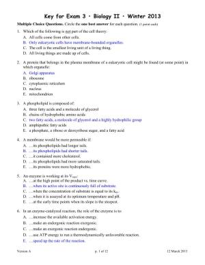 Key for Exam 3 • Biology II • Winter 2013 Multiple Choice Questions