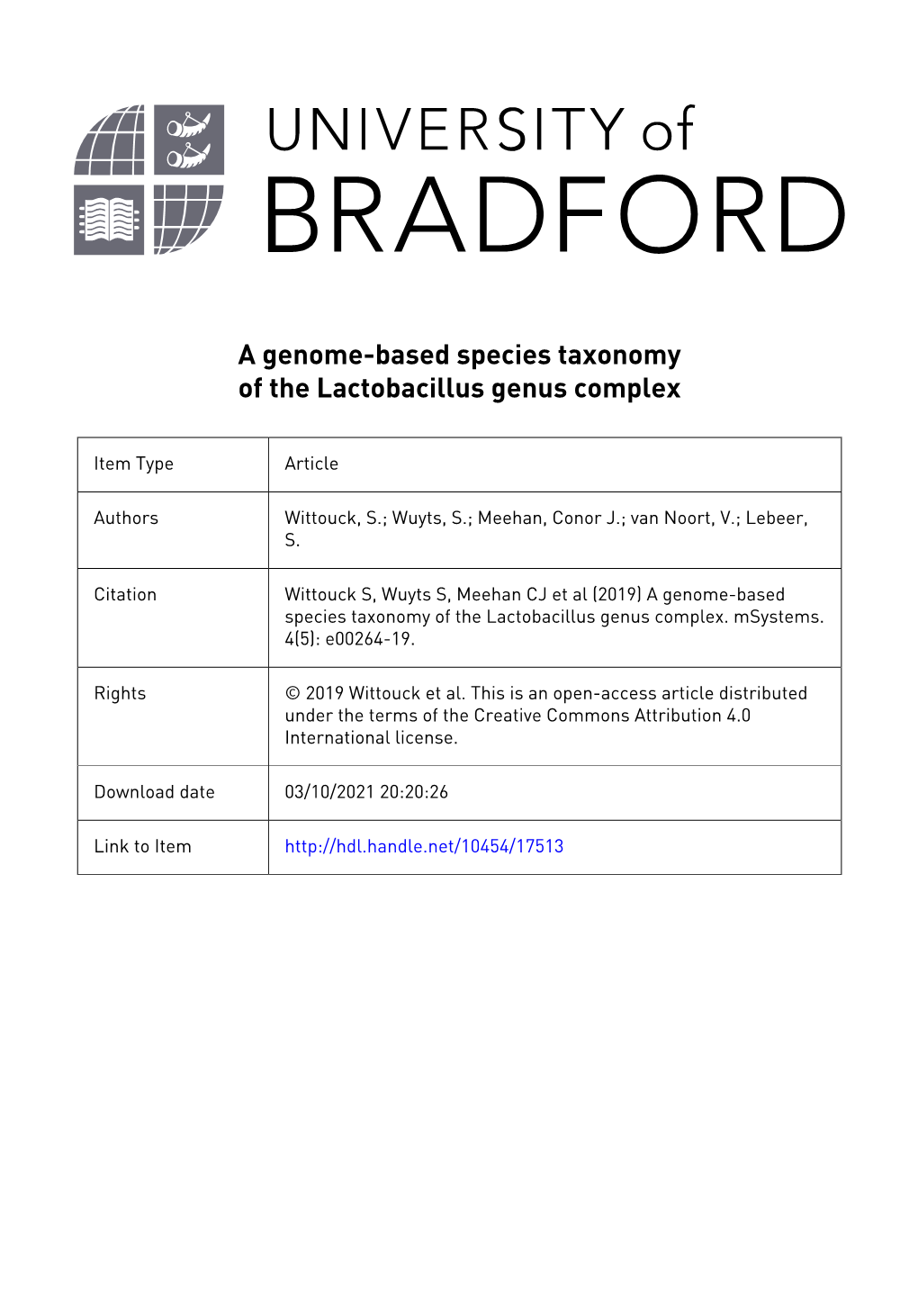 A Genome-Based Species Taxonomy of the Lactobacillus Genus Complex