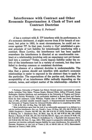 Interference with Contract and Other Economic Expectancies: a Clash of Tort and Contract Doctrine Harvey S