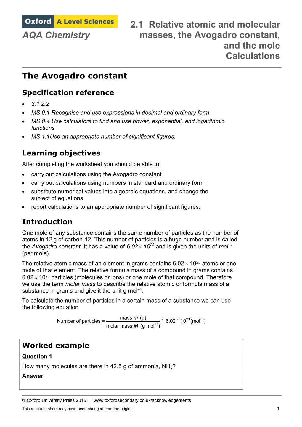 2 1 Relative Atomic And Molecular Masses The Avogadro Constant And The Mole Calculations AQA