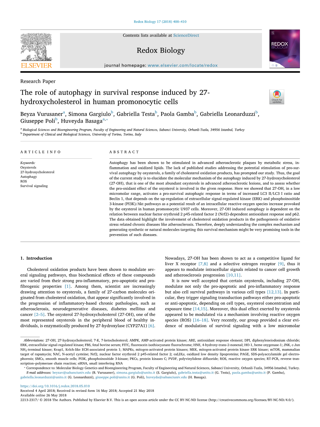 The Role of Autophagy in Survival Response Induced by 27- T Hydroxycholesterol in Human Promonocytic Cells