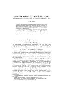 Topological Entropy of Quadratic Polynomials and Dimension of Sections of the Mandelbrot Set