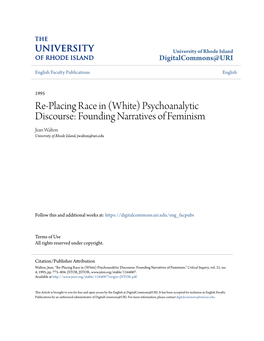 (White) Psychoanalytic Discourse: Founding Narratives of Feminism Jean Walton University of Rhode Island, Jwalton@Uri.Edu