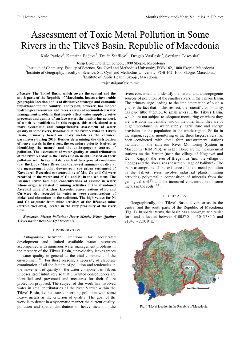Assessment of Toxic Metal Pollution in Some Rivers in the Tikveš Basin
