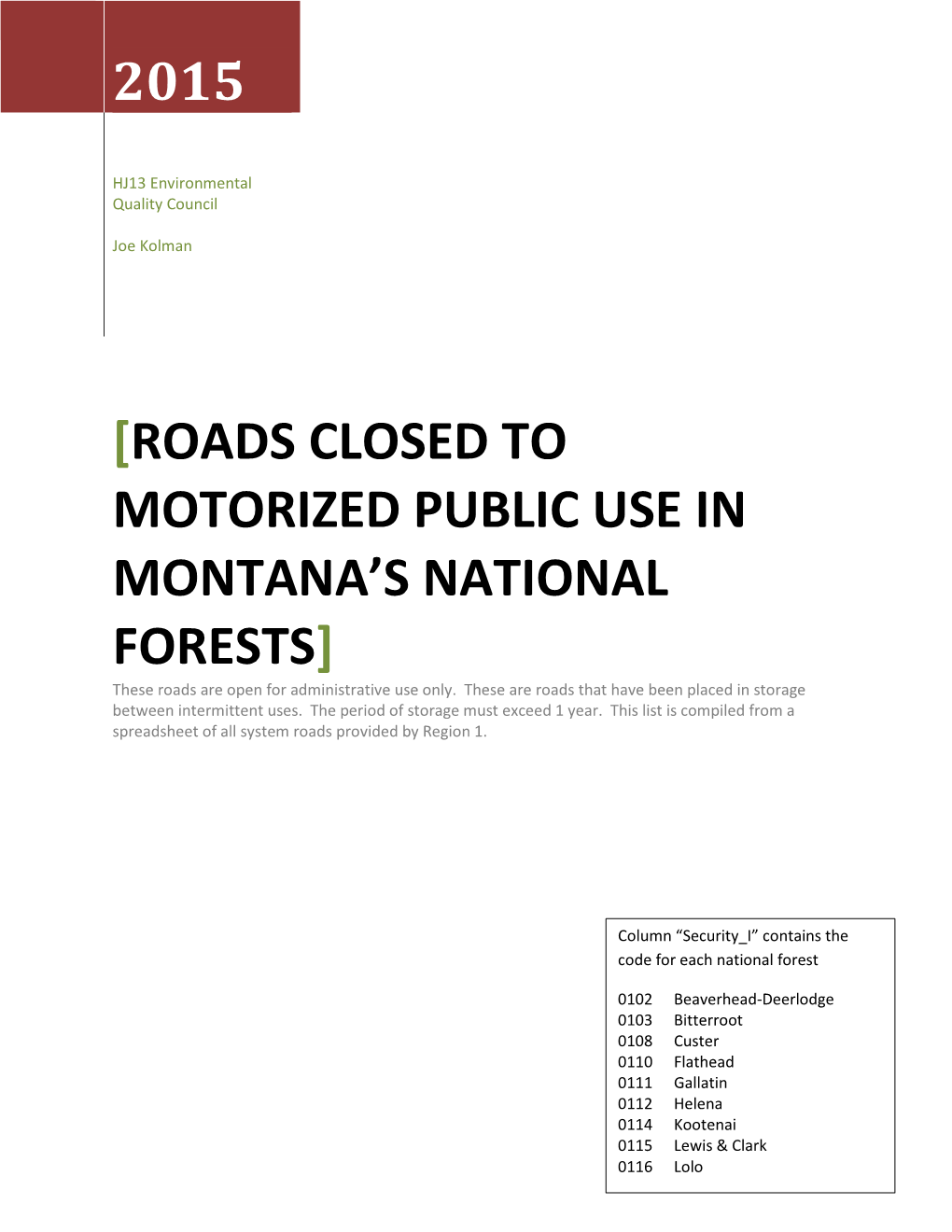 2015 [Roads Closed to Motorized Public Use In