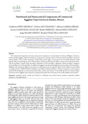 Nutritional and Nutraceutical Components of Commercial Eggplant Types Grown in Sinaloa, Mexico