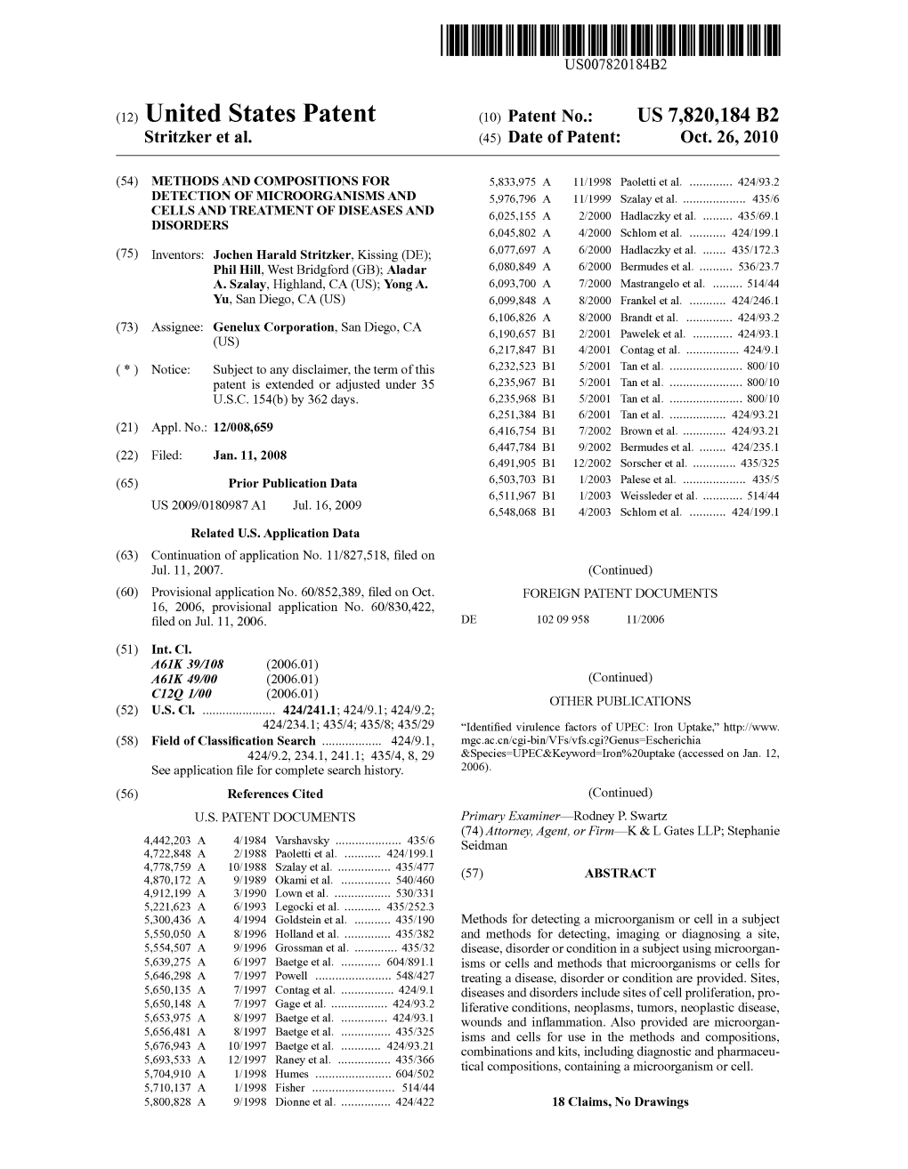 United States Patent (10) Patent No.: US 7820,184 B2 Stritzker Et Al