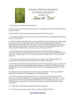 Sample Interview Questions for Debra Brenegan Author of Shame the Devil