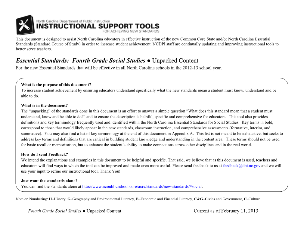 Essential Standards: Fourth Grade Social Studies Unpacked Content