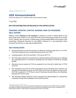 ASX Announcement (All Currency Figures Are in Australian Dollars Unless Otherwise Stated)