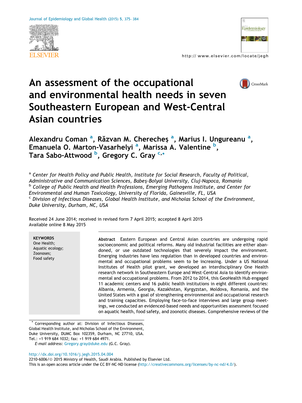 An Assessment of the Occupational and Environmental Health Needs in Seven Southeastern European and West-Central Asian Countries