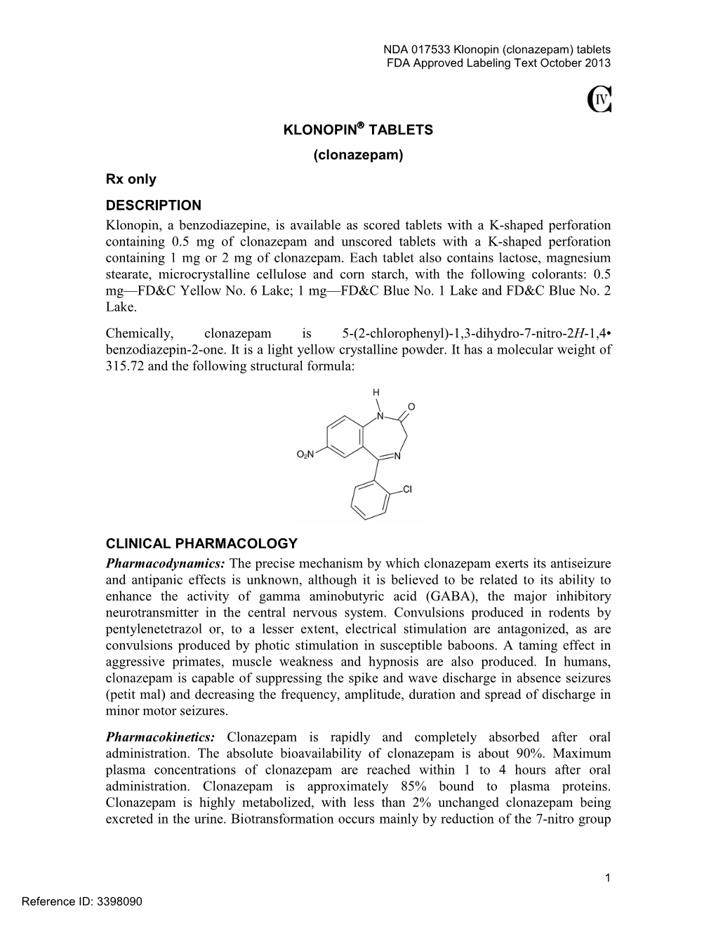 Clonazepam) Tablets FDA Approved Labeling Text October 2013