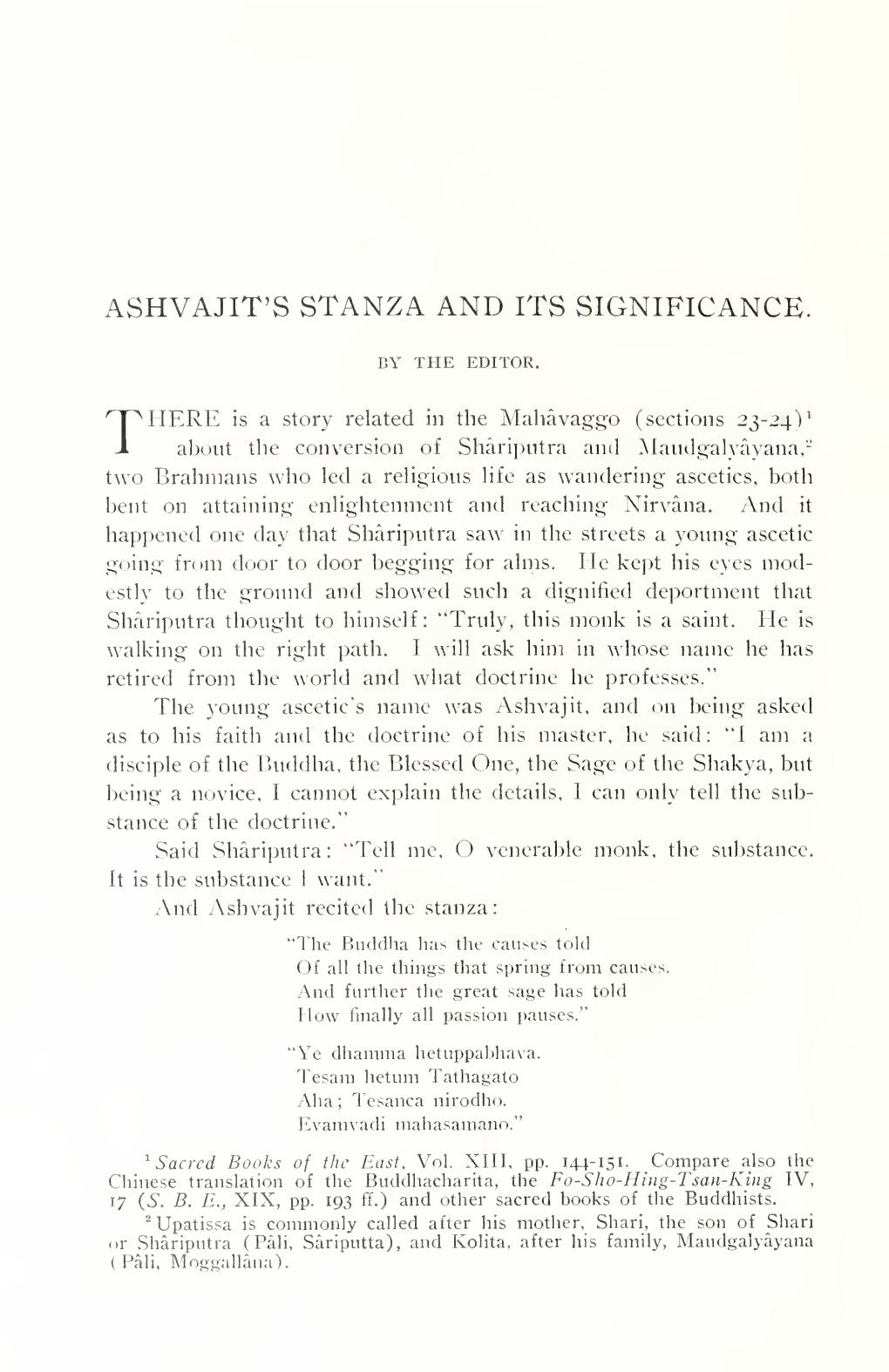 Ashvajit's Stanza and Its Signigicance