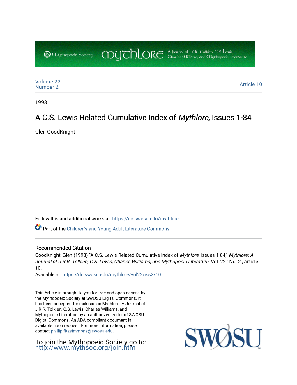 A CS Lewis Related Cumulative Index of <I>Mythlore</I>