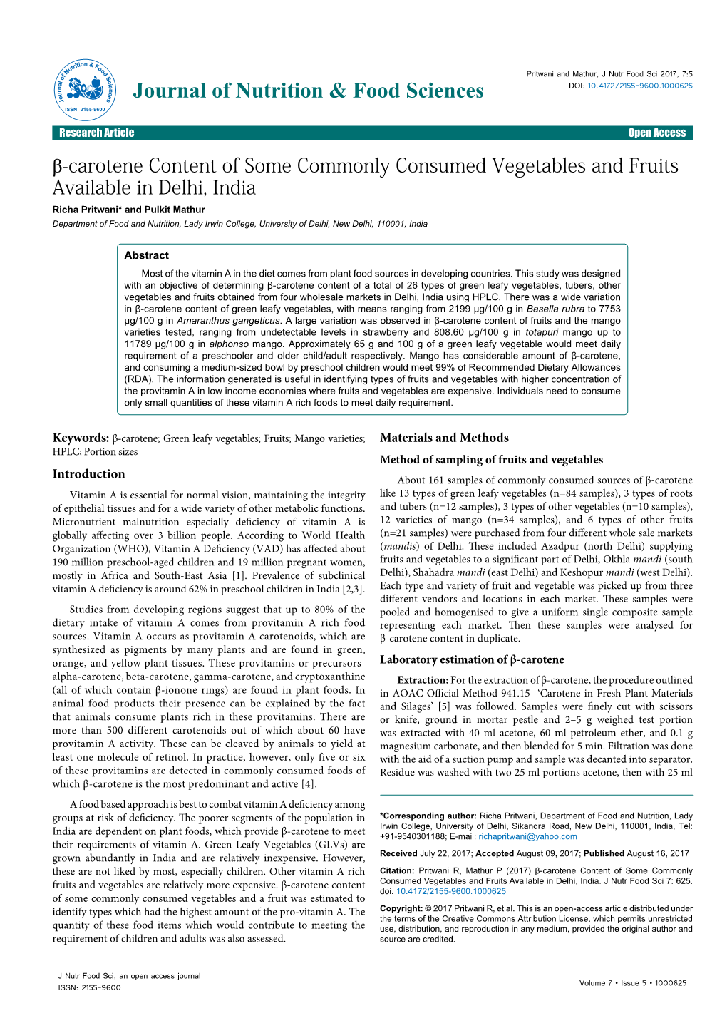 Β-Carotene Content of Some Commonly Consumed Vegetables