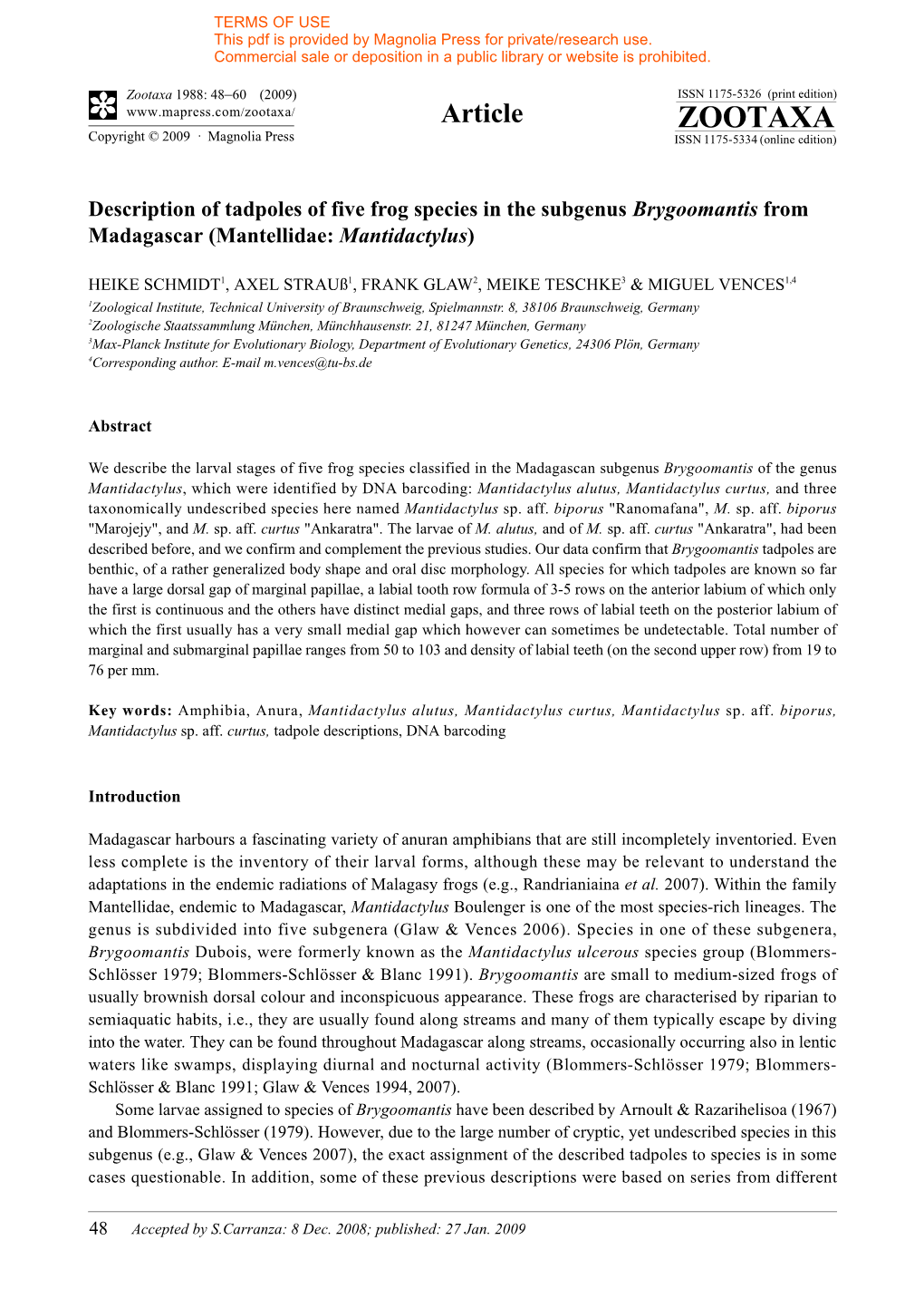 Zootaxa, Description of Tadpoles of Five Frog Species In