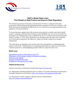 NAIC's Model State Laws: Fact Sheets to Help Protect and Improve State