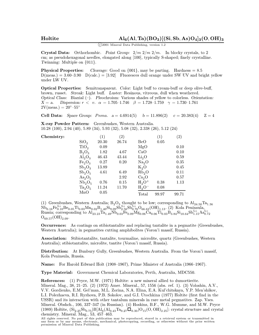 Holtite Al6(Al; Ta)(BO3)[(Si; Sb; As)O4]3(O; OH)3 C 2001 Mineral Data Publishing, Version 1.2 ° Crystal Data: Orthorhombic