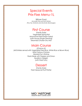 Special Events Prix-Fixe Menu-1L First Course Main Course Dessert