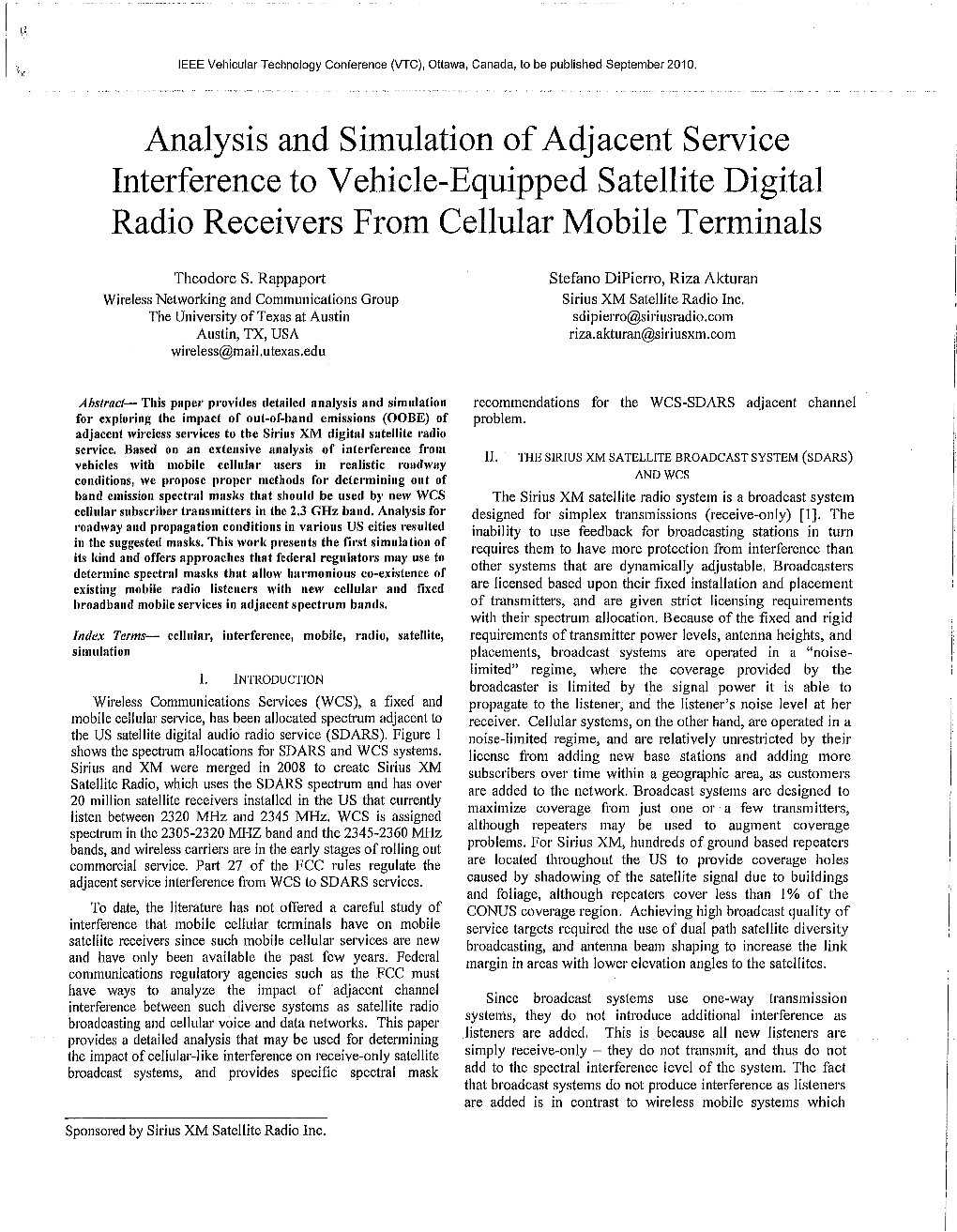 Analysis and Simulation of Adjacent Service Interference to Vehicle-Equipped Satellite Digital Radio Receivers from Cellular Mobile Terminals