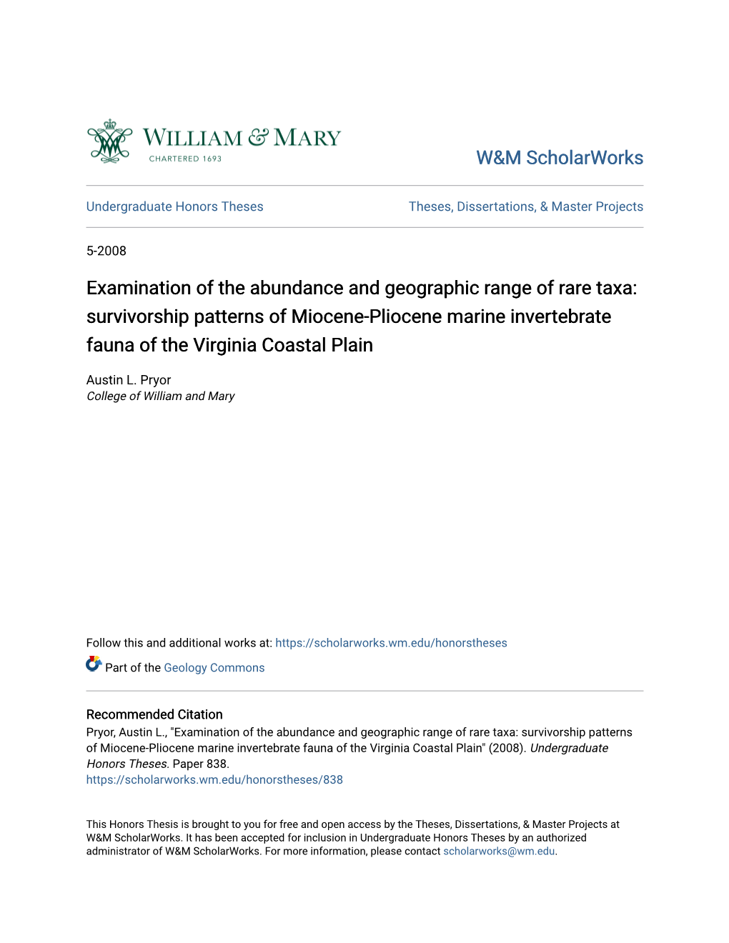 Survivorship Patterns of Miocene-Pliocene Marine Invertebrate Fauna of the Virginia Coastal Plain