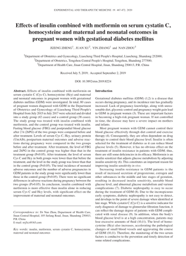 Effects of Insulin Combined with Metformin on Serum Cystatin C, Homocysteine and Maternal and Neonatal Outcomes in Pregnant Women with Gestational Diabetes Mellitus