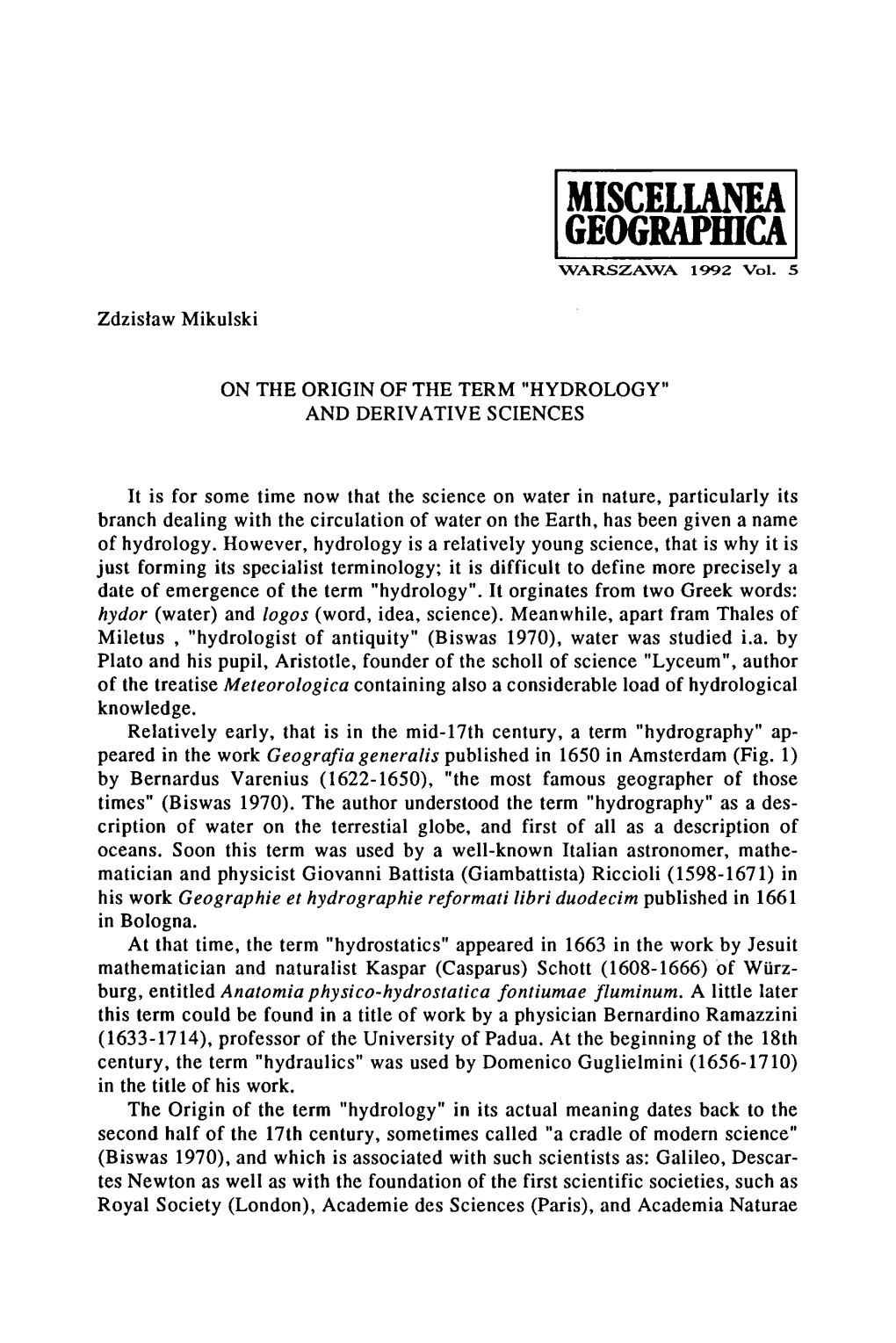 MISCELLANEA GEOGRAPHICA WARSZAWA 1992 Vol