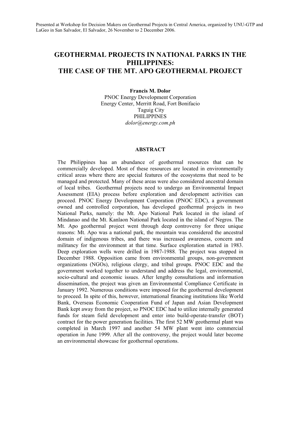 Financing Geothermal Projects in the Philippines