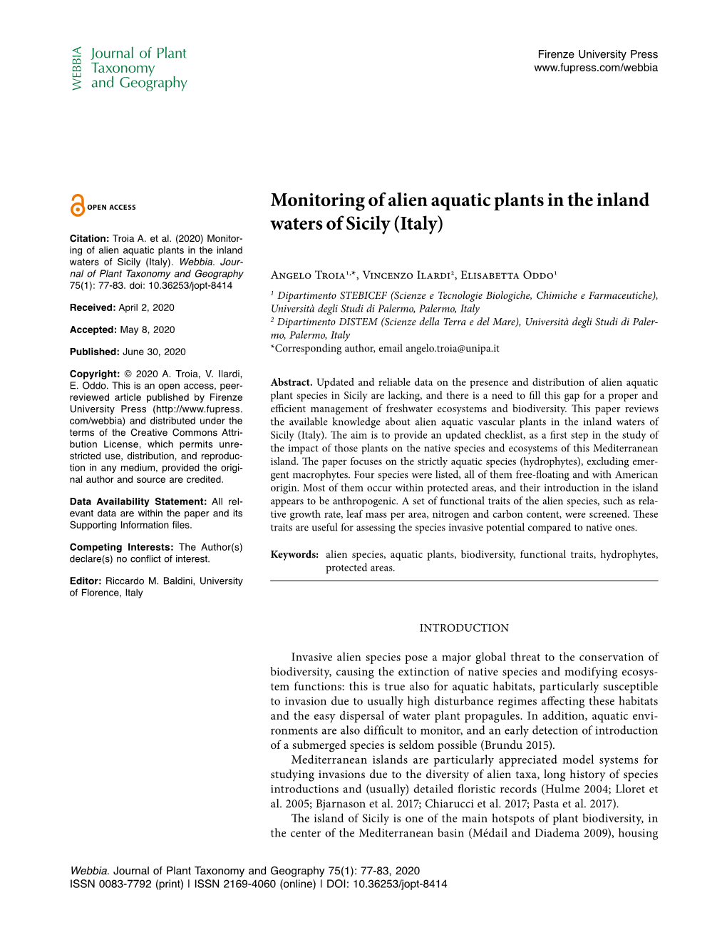 Monitoring of Alien Aquatic Plants in the Inland Waters of Sicily (Italy) Citation: Troia A