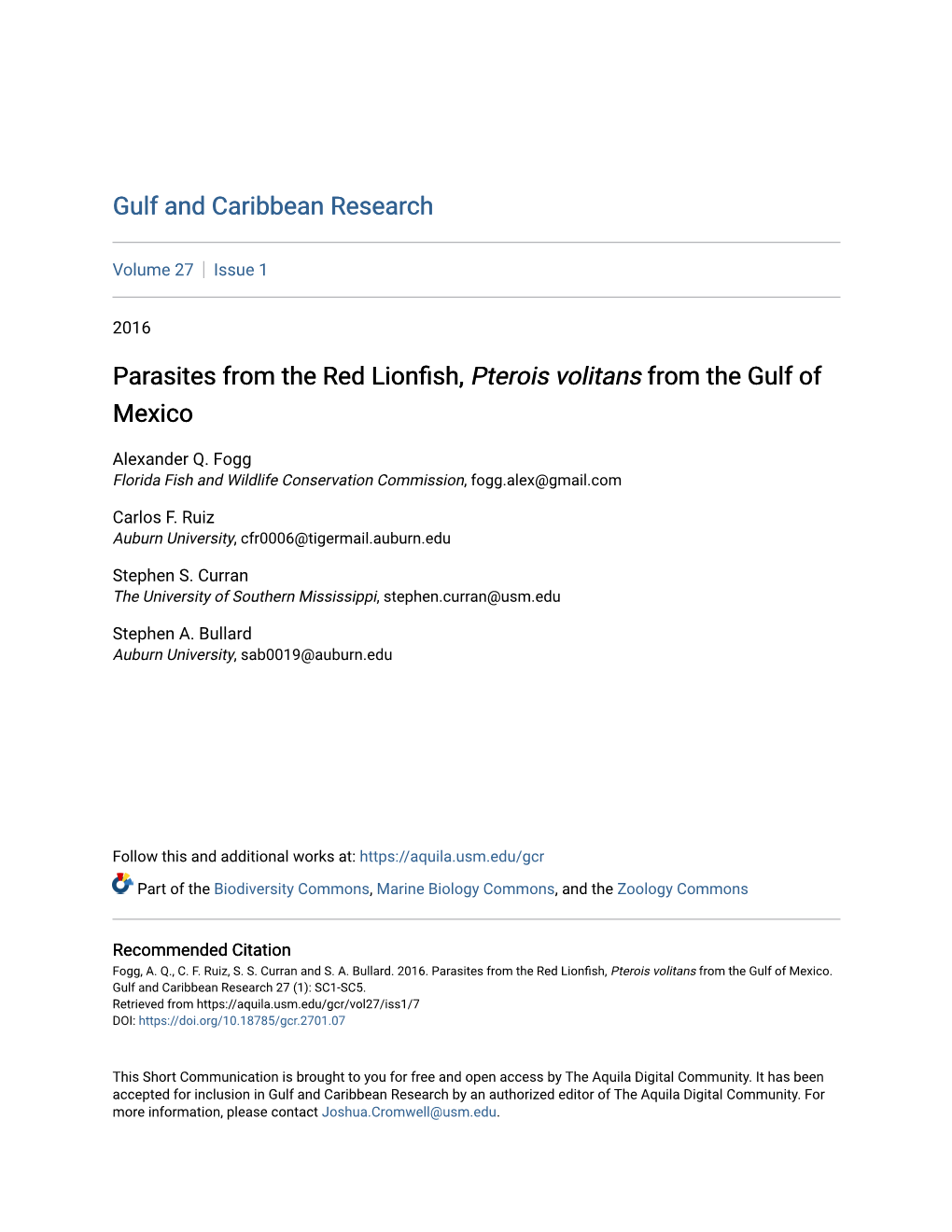 Parasites from the Red Lionfish, Pterois Volitans from the Gulf of Mexico