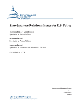 Sino-Japanese Relations: Issues for U.S. Policy