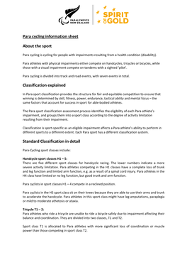 Para Cycling Information Sheet About the Sport Classification Explained