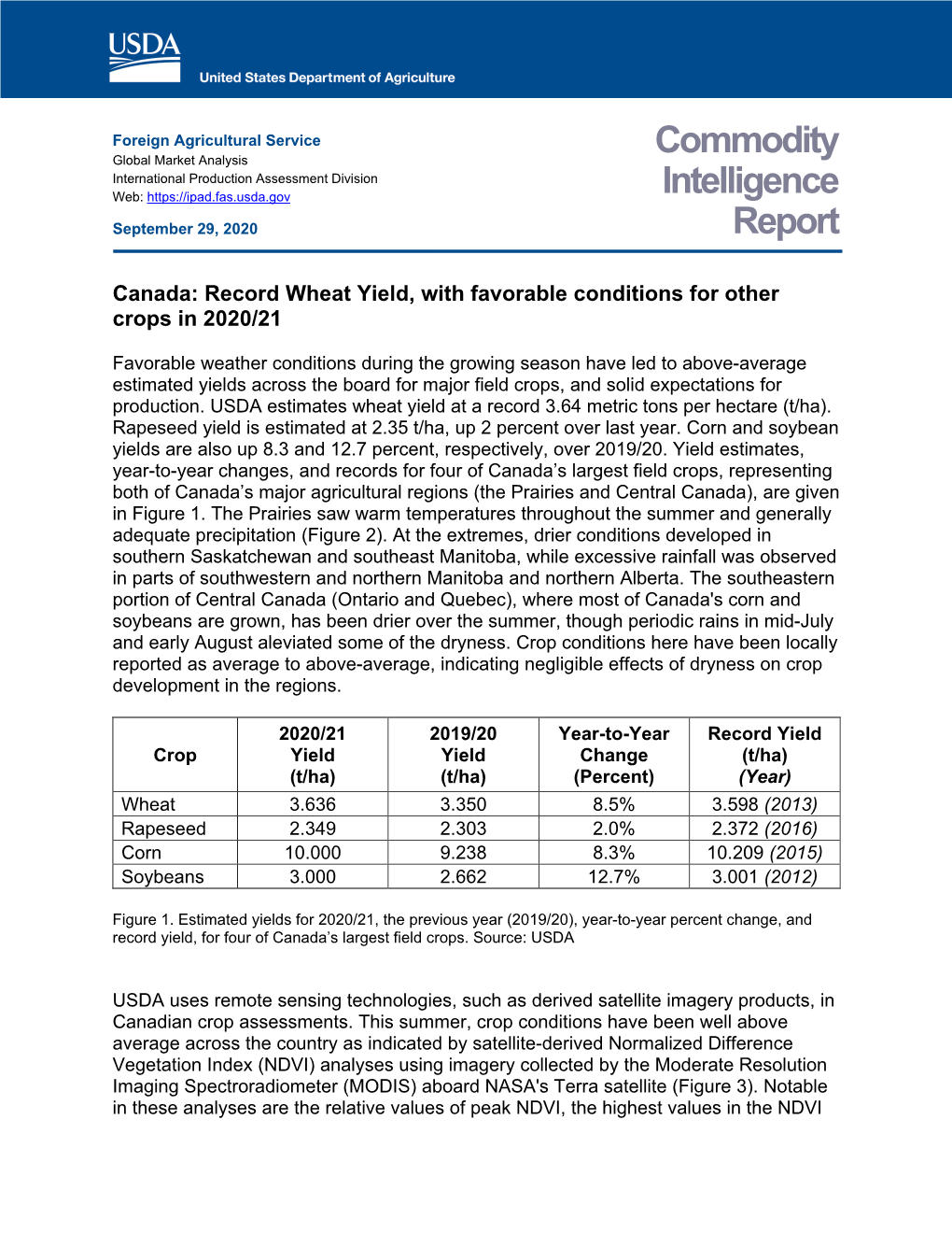 Canada: Record Wheat Yield, with Favorable Conditions for Other Crops in 2020/21