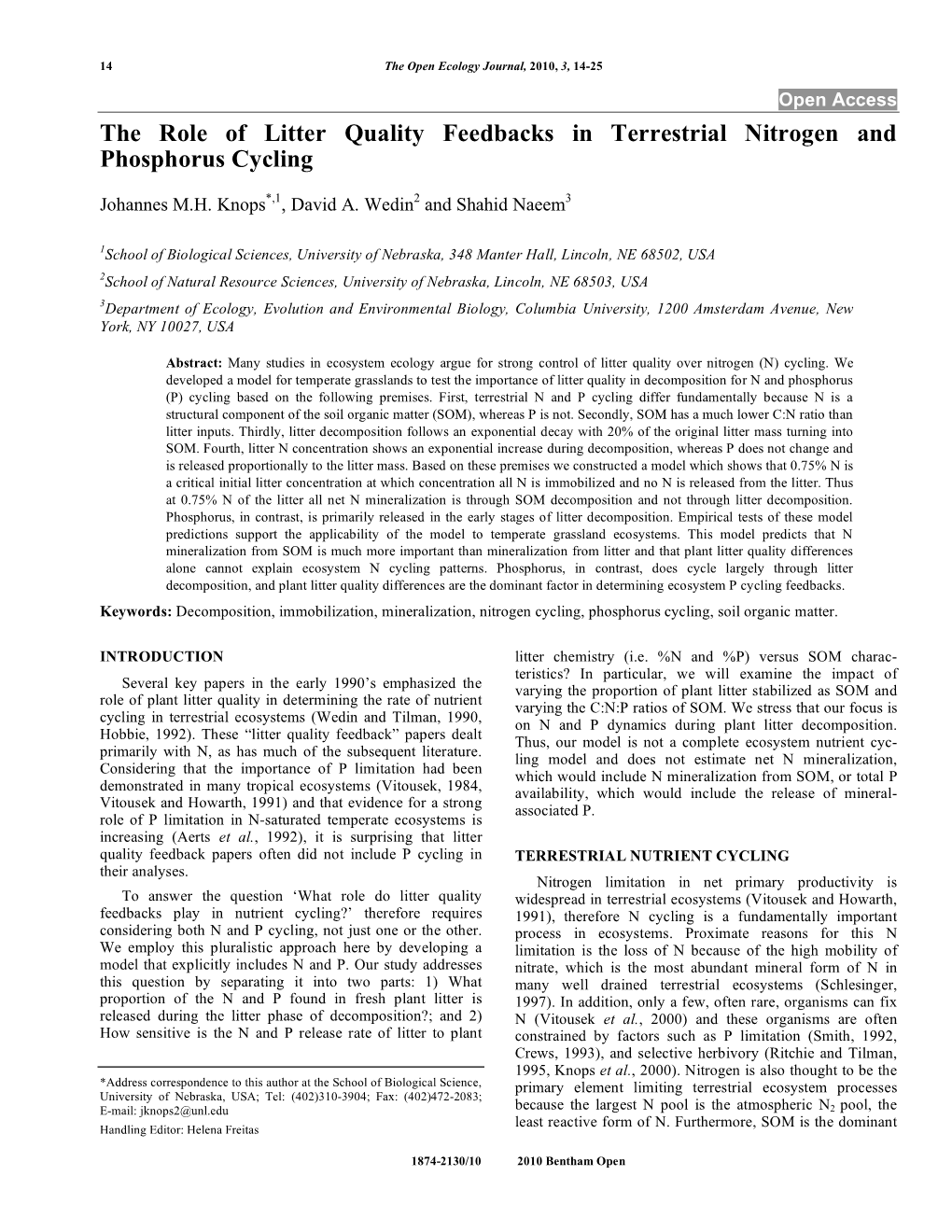 The Role of Litter Quality Feedbacks in Terrestrial Nitrogen and Phosphorus Cycling