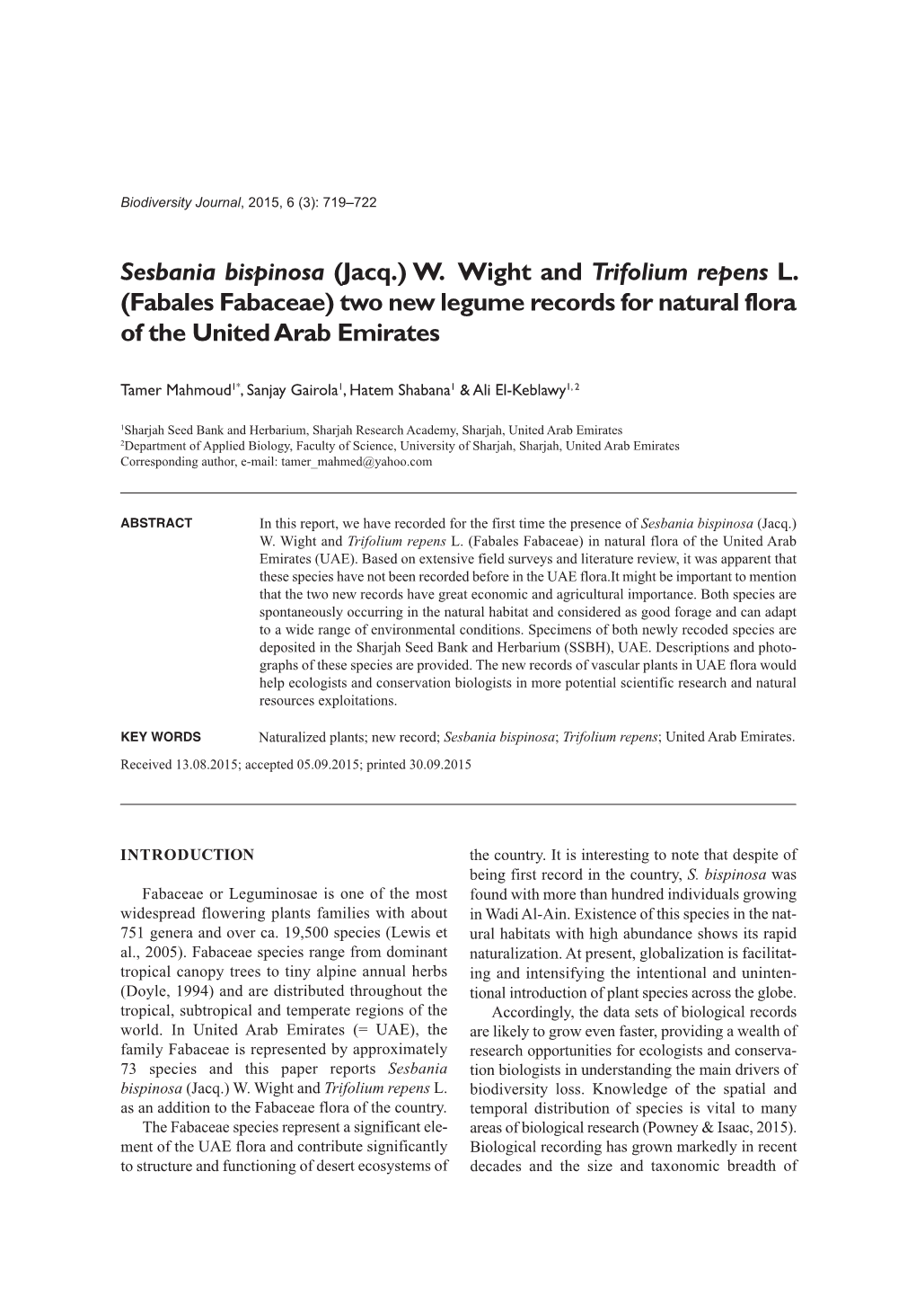 Fabales Fabaceae) Two New Legume Records for Natural Flora of the United Arab Emirates