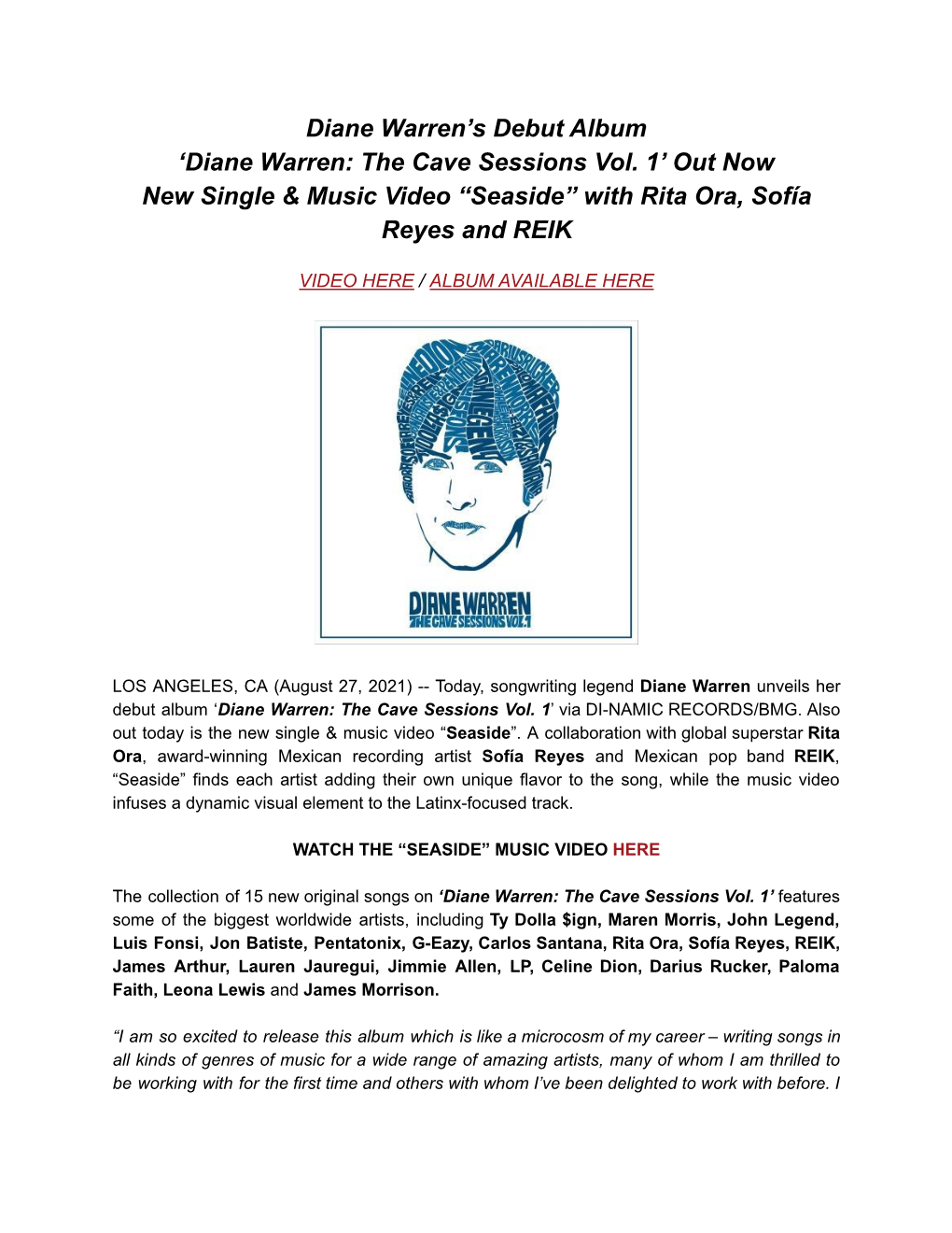 Diane Warren Seaside Release.Docx