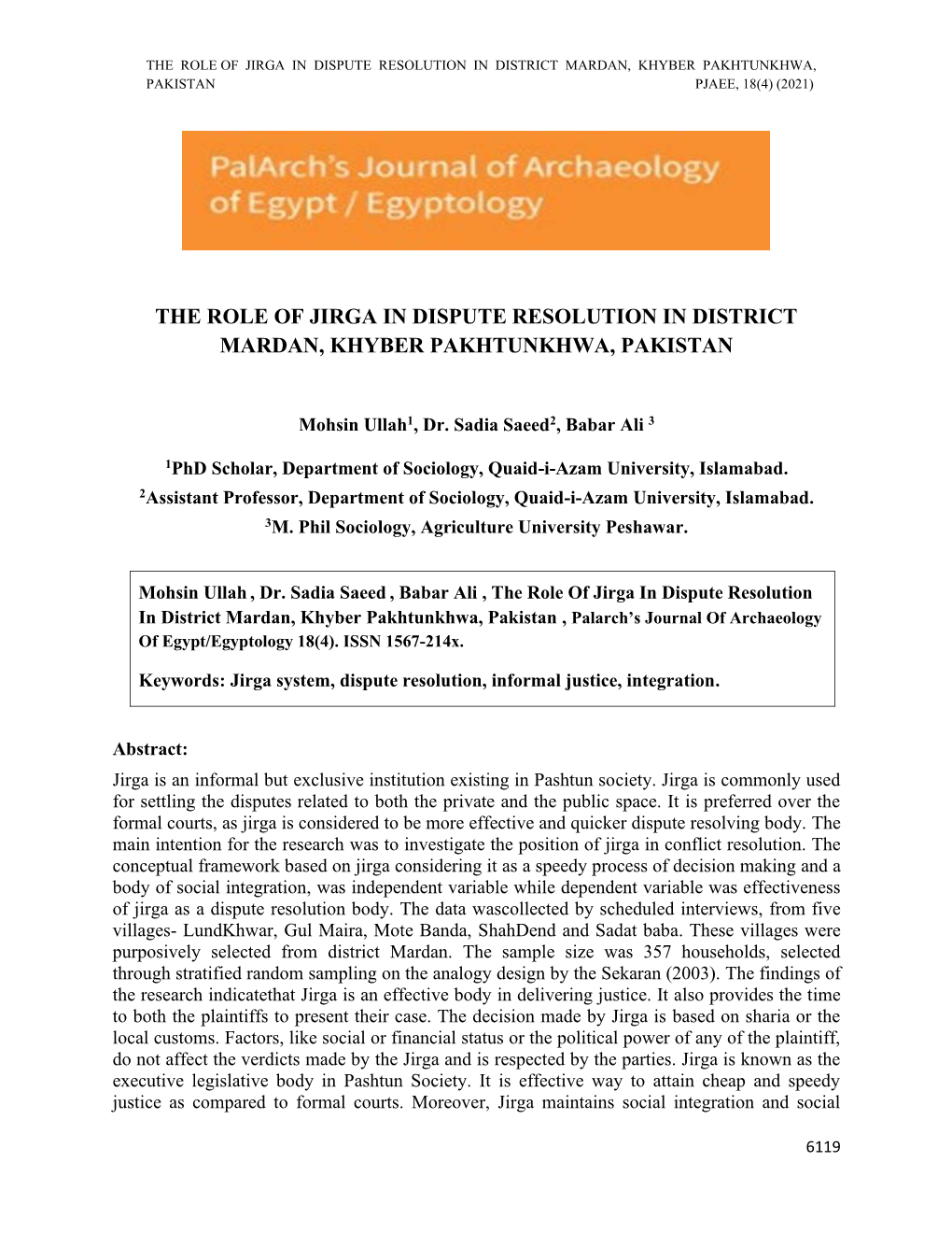 The Role of Jirga in Dispute Resolution in District Mardan, Khyber Pakhtunkhwa, Pakistan Pjaee, 18(4) (2021)