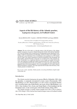 Aspects of the Life History of the Atlantic Poacher, Leptagonus Decagonus, in Svalbard Waters