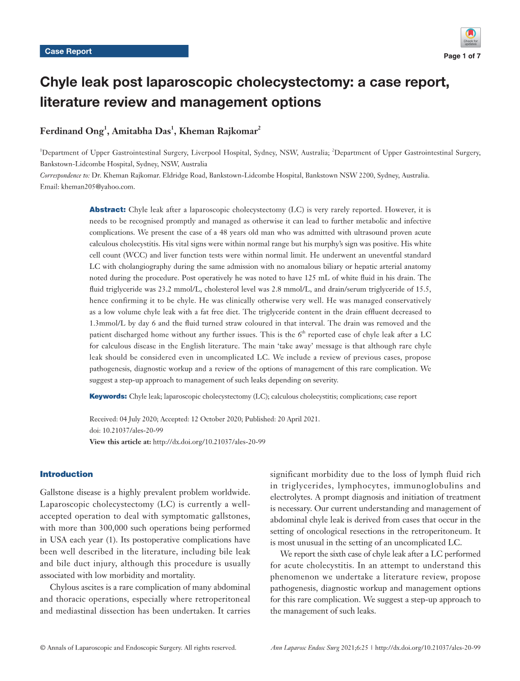 Chyle Leak Post Laparoscopic Cholecystectomy: a Case Report, Literature Review and Management Options