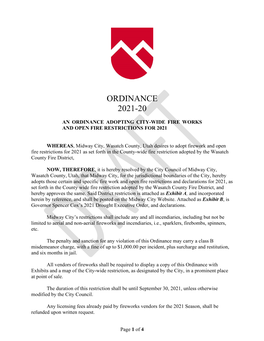 Ordinance 2021-20 / Restriction on Fireworks and Open Fires
