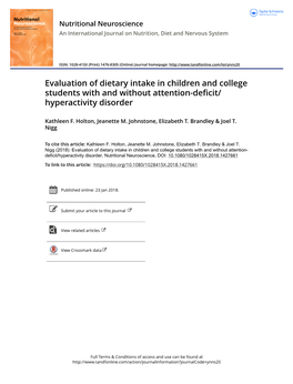 Evaluation of Dietary Intake in Children and College Students with and Without Attention-Deficit/ Hyperactivity Disorder
