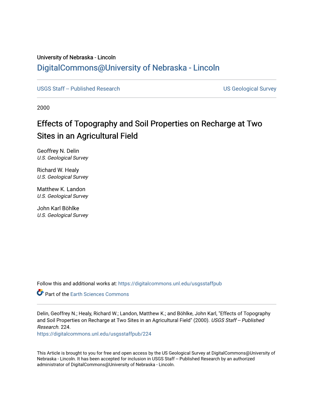 Effects of Topography and Soil Properties on Recharge at Two Sites in an Agricultural Field