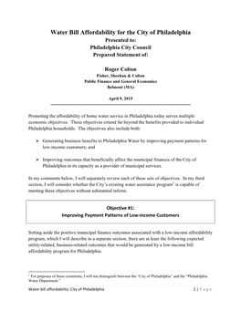 Water Bill Affordability for the City of Philadelphia Presented To: Philadelphia City Council Prepared Statement Of