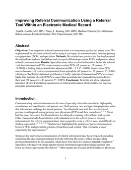 Improving Referral Communication Using a Referral Tool Within an Electronic Medical Record