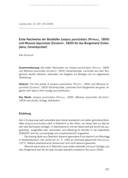 Erste Nachweise Der Bockkäfer Leiopus Punctulatus (PAYKULL, 1800) Und Menesia Bipunctata (ZOUBKOFF, 1829) Für Das Burgenland (Coleo- Ptera, Cerambycidae)