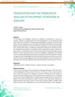 Translation and the Problem of Realism in Philippine Literature in English1
