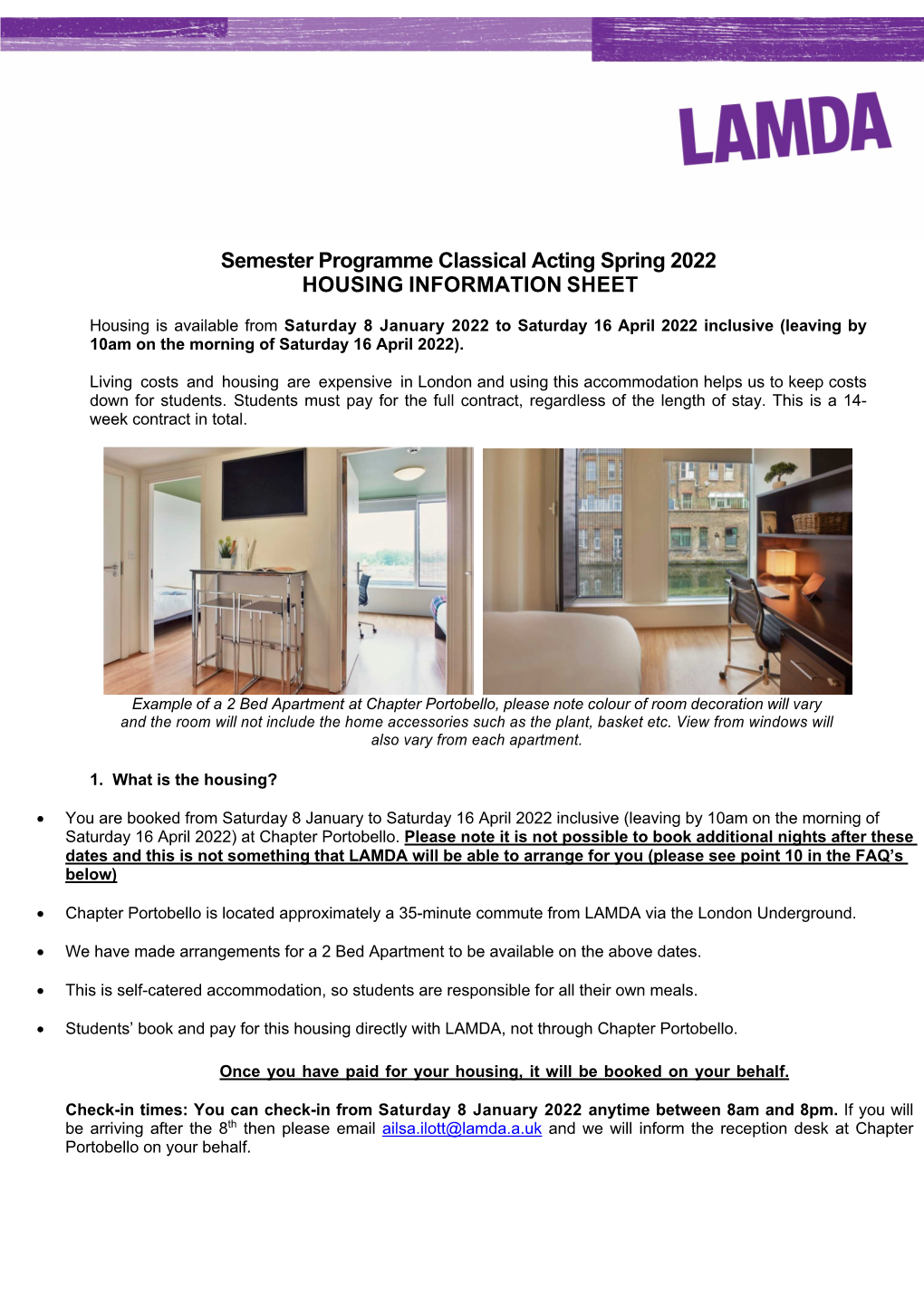Semester Programme Classical Acting Spring 2022 HOUSING INFORMATION SHEET